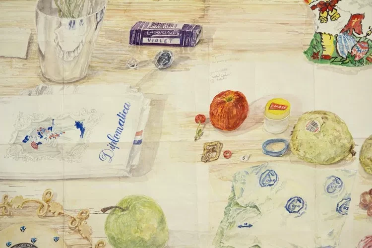 Dawn Clements, Table (MacDowell), (detail,) 2015, watercolor on paper, 81x 99 inches.